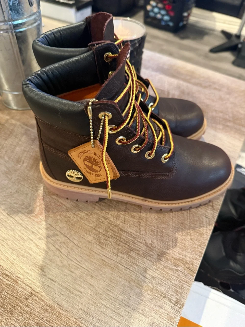 Timberland Brown Leather Men's Lace-Up Work Boots with Yellow Accent Laces
